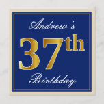 [ Thumbnail: Elegant, Blue, Faux Gold 37th Birthday + Name Invitation ]