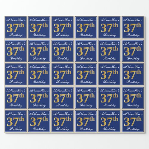 Elegant Blue Faux Gold 37th Birthday  Name Wrapping Paper