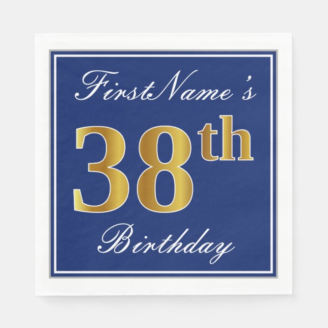 Elegant Blue, Faux Gold 38th Birthday; Custom Name Napkins (Front)