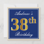 [ Thumbnail: Elegant, Blue, Faux Gold 38th Birthday + Name Invitation ]