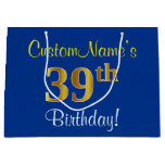 [ Thumbnail: Elegant, Blue, Faux Gold 39th Birthday + Name Gift Bag ]