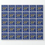 [ Thumbnail: Elegant, Blue, Faux Gold 39th Birthday + Name Wrapping Paper ]