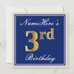 [ Thumbnail: Elegant, Blue, Faux Gold 3rd Birthday; Custom Name Invitation ]