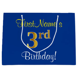 Elegant, Blue, Faux Gold 3rd Birthday; Custom Name Large Gift Bag