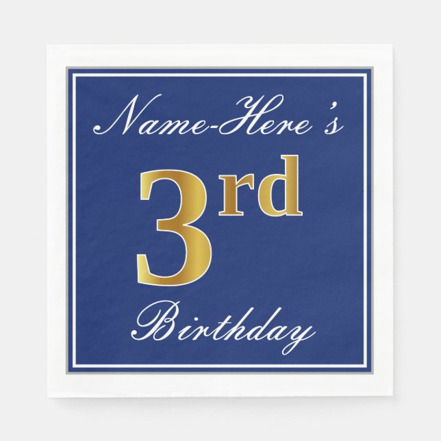 Elegant Blue, Faux Gold 3rd Birthday + Custom Name Napkins (Front)