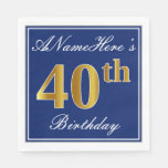 [ Thumbnail: Elegant Blue, Faux Gold 40th Birthday; Custom Name Napkins ]