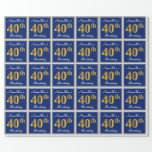 [ Thumbnail: Elegant, Blue, Faux Gold 40th Birthday + Name Wrapping Paper ]