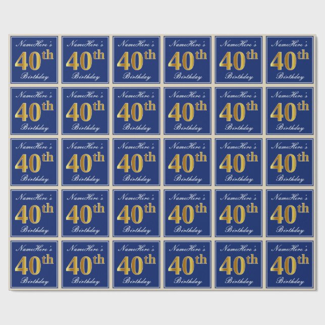 Elegant, Blue, Faux Gold 40th Birthday + Name Wrapping Paper (Flat)