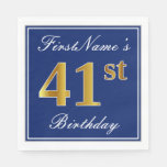 [ Thumbnail: Elegant Blue, Faux Gold 41st Birthday; Custom Name Napkins ]