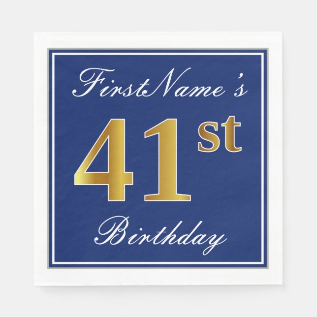 Elegant Blue, Faux Gold 41st Birthday; Custom Name Napkins (Front)