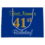 [ Thumbnail: Elegant, Blue, Faux Gold 41st Birthday + Name Gift Bag ]