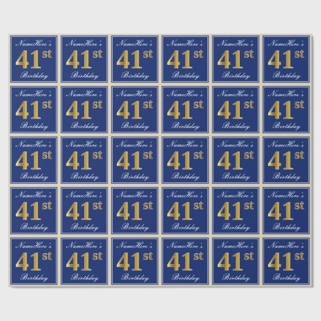 Elegant, Blue, Faux Gold 41st Birthday + Name Wrapping Paper (Flat)
