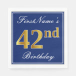 [ Thumbnail: Elegant Blue, Faux Gold 42nd Birthday; Custom Name Napkins ]