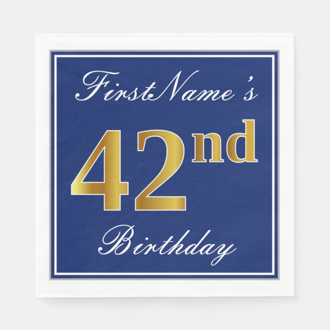 Elegant Blue, Faux Gold 42nd Birthday; Custom Name Napkins (Front)