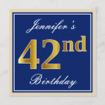 [ Thumbnail: Elegant, Blue, Faux Gold 42nd Birthday + Name Invitation ]
