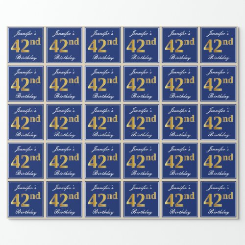 Elegant Blue Faux Gold 42nd Birthday  Name Wrapping Paper