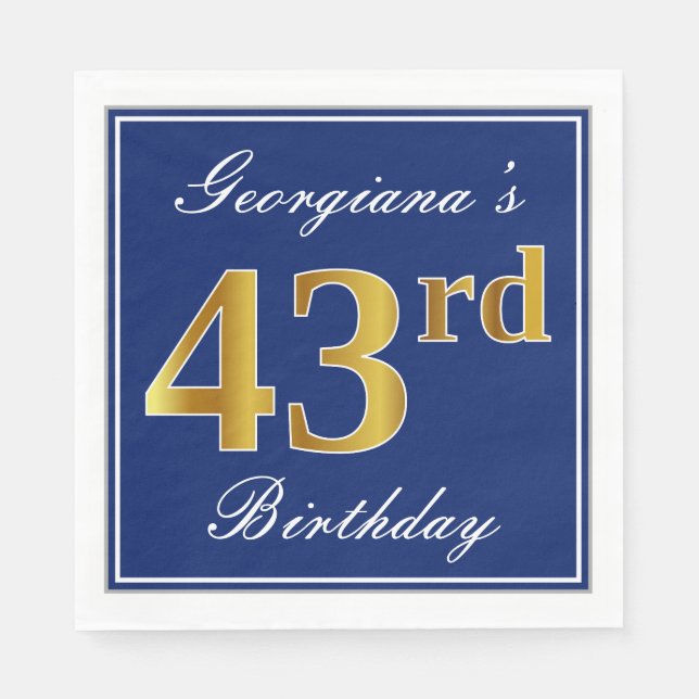 Elegant Blue, Faux Gold 43rd Birthday; Custom Name Napkins (Front)