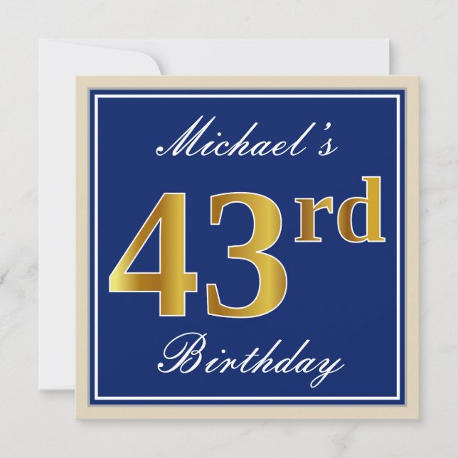 Elegant, Blue, Faux Gold 43rd Birthday + Name Invitation (Front)