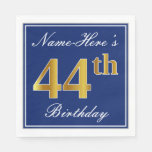 [ Thumbnail: Elegant Blue, Faux Gold 44th Birthday; Custom Name Napkins ]