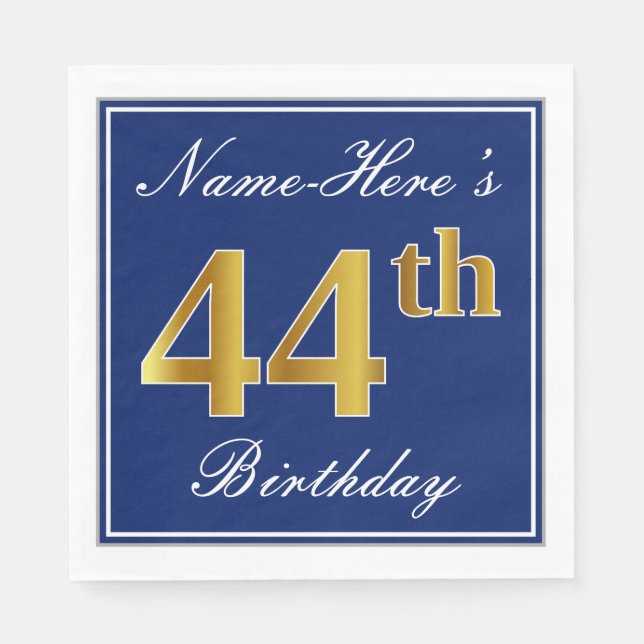 Elegant Blue, Faux Gold 44th Birthday; Custom Name Napkins (Front)