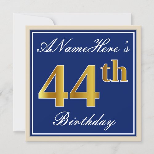 Elegant Blue Faux Gold 44th Birthday  Name Invitation