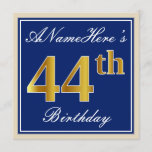 [ Thumbnail: Elegant, Blue, Faux Gold 44th Birthday + Name Invitation ]