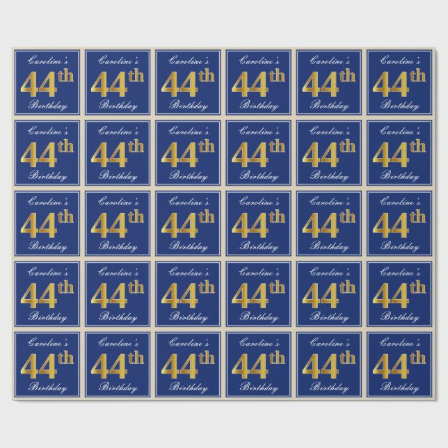 Elegant, Blue, Faux Gold 44th Birthday + Name Wrapping Paper (Flat)