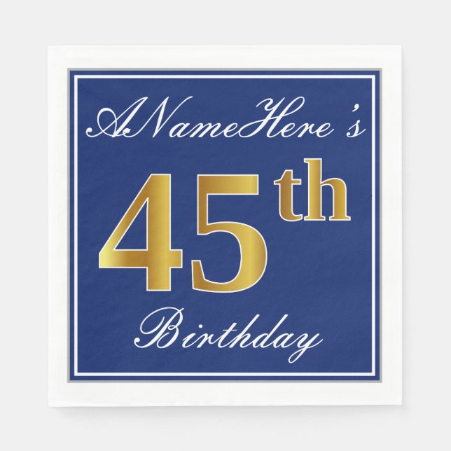 Elegant Blue, Faux Gold 45th Birthday; Custom Name Napkins (Front)