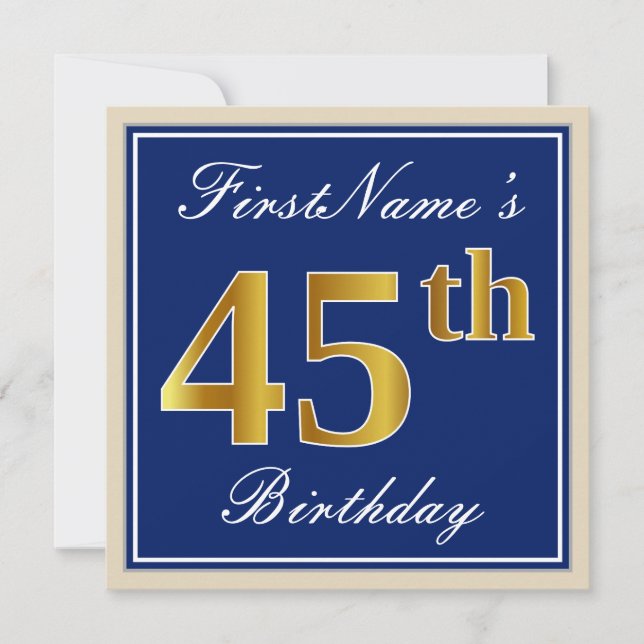 Elegant, Blue, Faux Gold 45th Birthday + Name Invitation (Front)