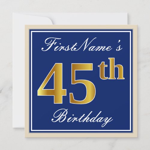 Elegant Blue Faux Gold 45th Birthday  Name Invitation