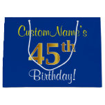 [ Thumbnail: Elegant, Blue, Faux Gold 45th Birthday + Name Gift Bag ]
