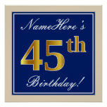 [ Thumbnail: Elegant, Blue, Faux Gold 45th Birthday + Name Poster ]