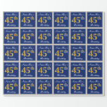[ Thumbnail: Elegant, Blue, Faux Gold 45th Birthday + Name Wrapping Paper ]