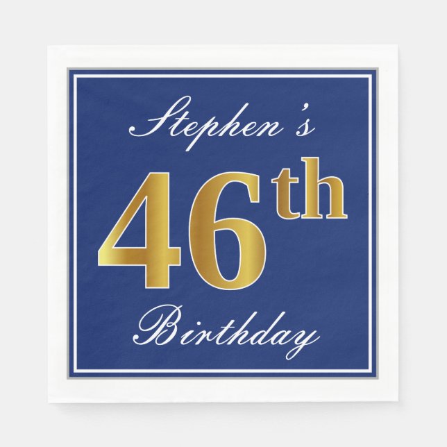 Elegant Blue, Faux Gold 46th Birthday; Custom Name Napkins (Front)