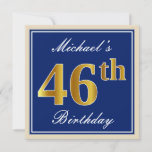 [ Thumbnail: Elegant, Blue, Faux Gold 46th Birthday + Name Invitation ]