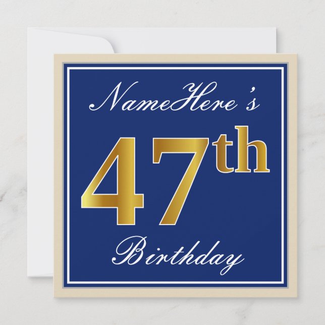 Elegant, Blue, Faux Gold 47th Birthday + Name Invitation (Front)