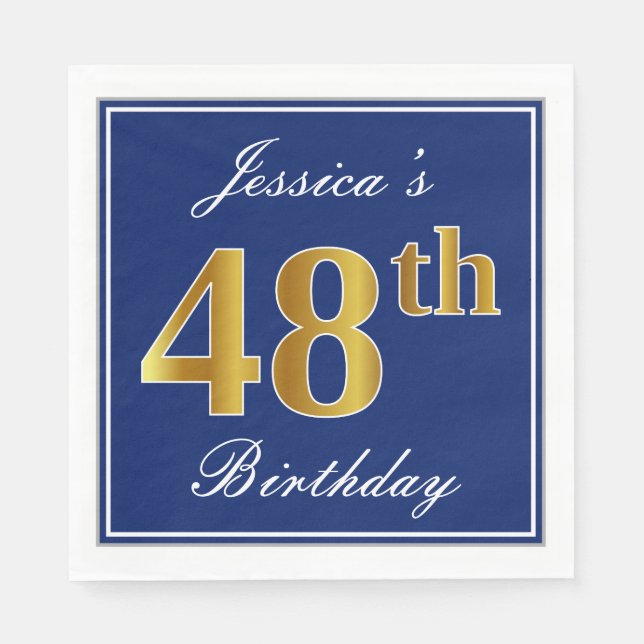 Elegant Blue, Faux Gold 48th Birthday; Custom Name Napkins (Front)