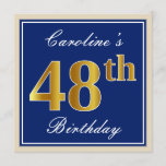 [ Thumbnail: Elegant, Blue, Faux Gold 48th Birthday + Name Invitation ]