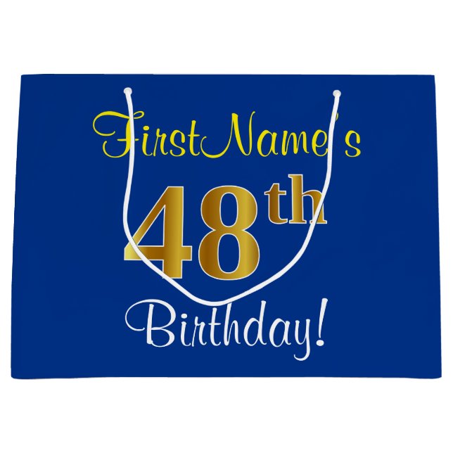 Elegant, Blue, Faux Gold 48th Birthday + Name Large Gift Bag (Front)