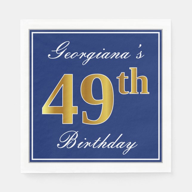 Elegant Blue, Faux Gold 49th Birthday; Custom Name Napkins (Front)