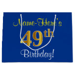 [ Thumbnail: Elegant, Blue, Faux Gold 49th Birthday + Name Gift Bag ]
