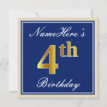 [ Thumbnail: Elegant, Blue, Faux Gold 4th Birthday; Custom Name Invitation ]