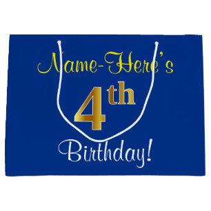 Elegant, Blue, Faux Gold 4th Birthday; Custom Name Large Gift Bag