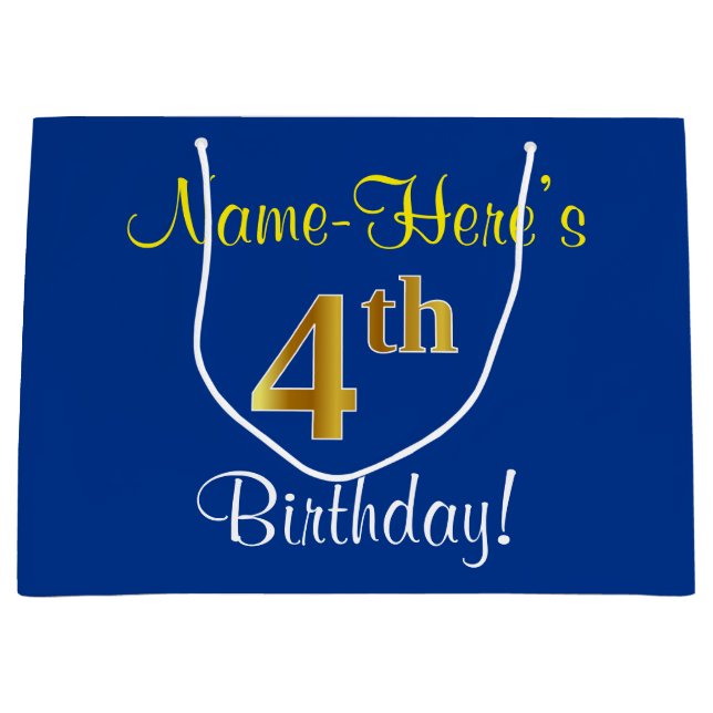 Elegant, Blue, Faux Gold 4th Birthday; Custom Name Large Gift Bag (Front)
