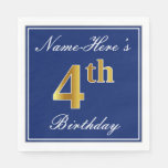 [ Thumbnail: Elegant Blue, Faux Gold 4th Birthday + Custom Name Napkins ]