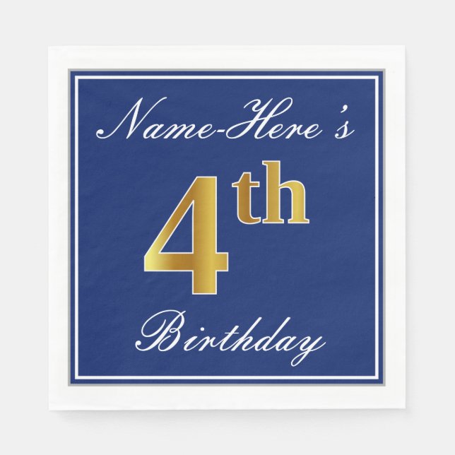 Elegant Blue, Faux Gold 4th Birthday + Custom Name Napkins (Front)