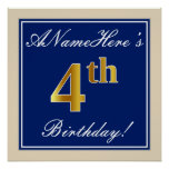 [ Thumbnail: Elegant, Blue, Faux Gold 4th Birthday; Custom Name Poster ]