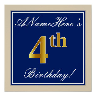 Elegant, Blue, Faux Gold 4th Birthday; Custom Name Poster