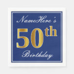 [ Thumbnail: Elegant Blue, Faux Gold 50th Birthday; Custom Name Napkins ]