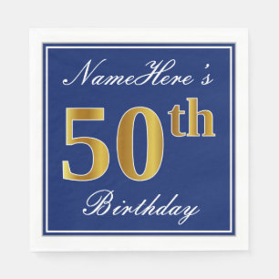 Elegant Blue, Faux Gold 50th Birthday; Custom Name Paper Napkins